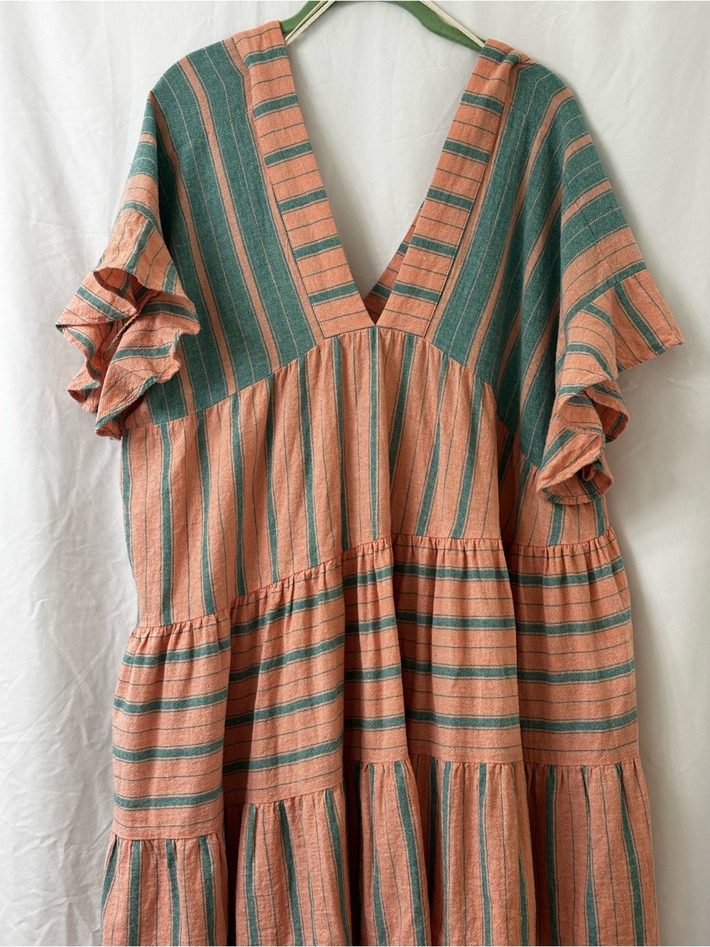 Free People Teal and Coral Striped V-Neck Sweater